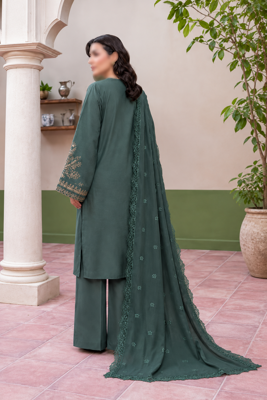 Shanaya 3 Piece Embroidered Peach Dhanak Suit with Embroidered Shirt and Dupatta
