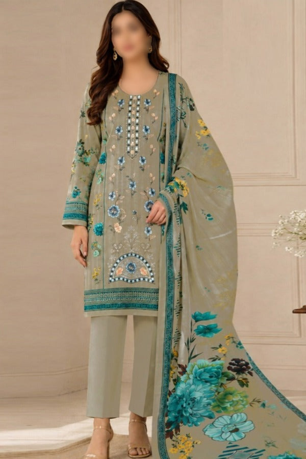 Nishat 3 Piece Printed Embroidered Linen Unstitched Suit with Dupatta and Trouser