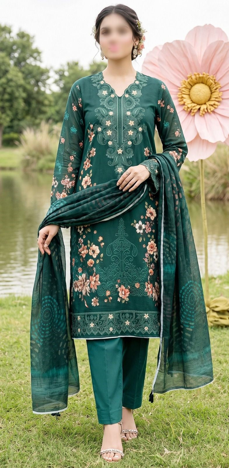 Nishat floral printed embroidered unstitched 3 piece suit with printed slub dupatta and comfort dyed trouser