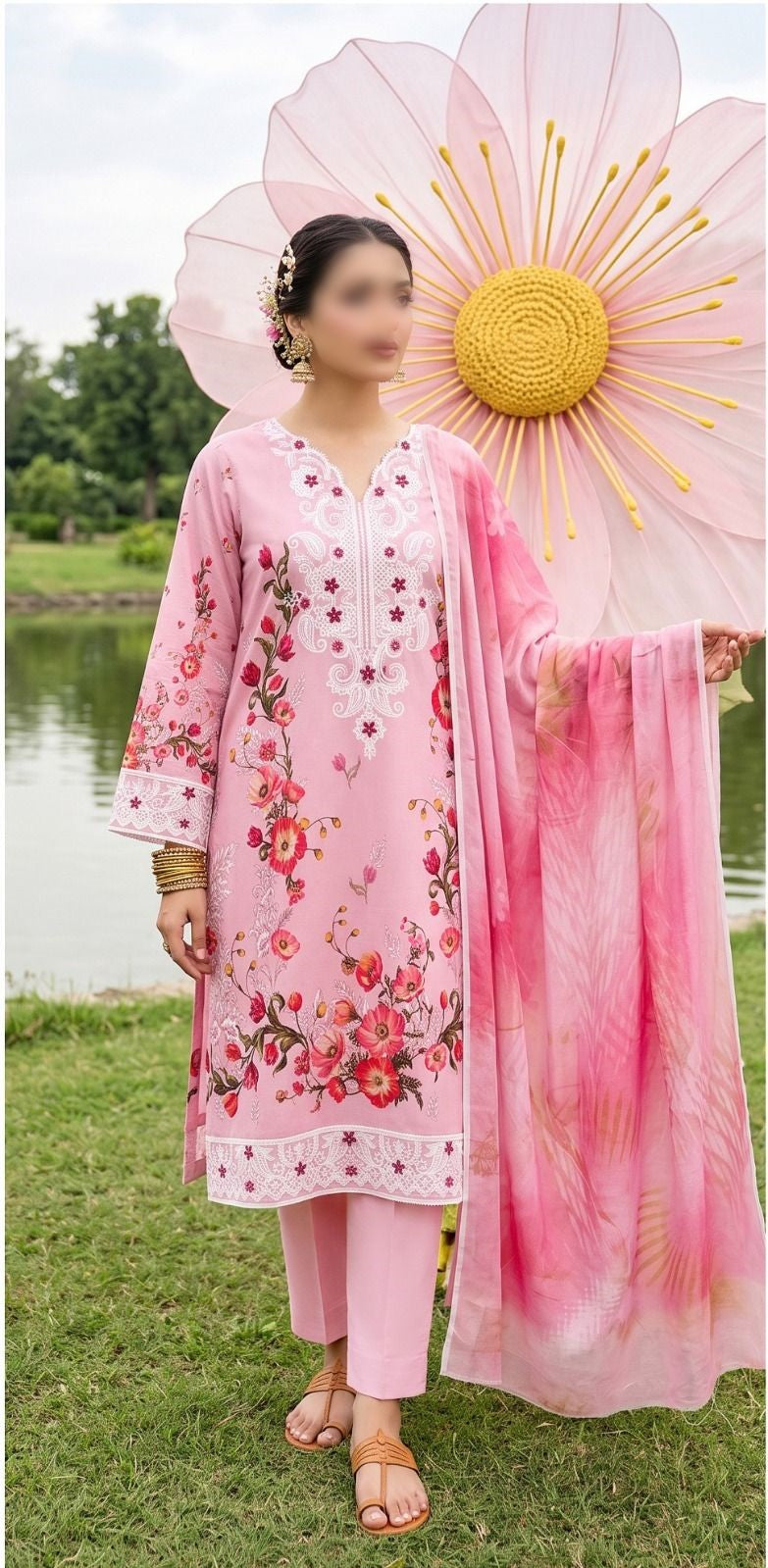 Nishat floral printed embroidered unstitched 3 piece suit with printed slub dupatta and comfort dyed trouser