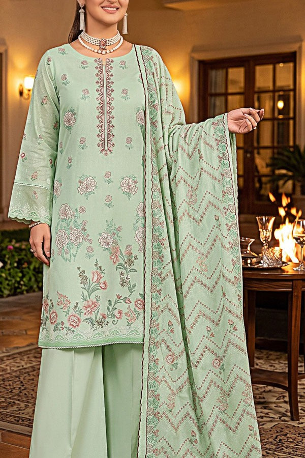 Saya zari dhanak digital print embroidered unstitched 3 piece suit with embroidered dupatta and comfort dyed trouser