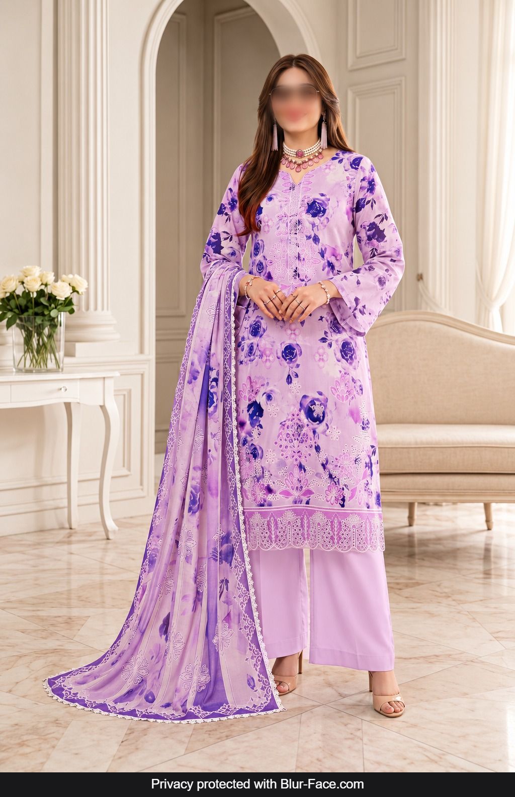 KHAADI 3 Piece Embroidered Viscose Suit for Women with Crinkle Digital Print Dupatta