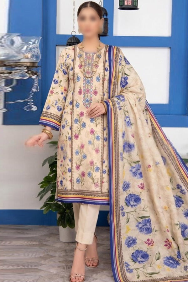 Nishat 3 Piece Printed Embroidered Linen Unstitched Suit with Dupatta and Trouser