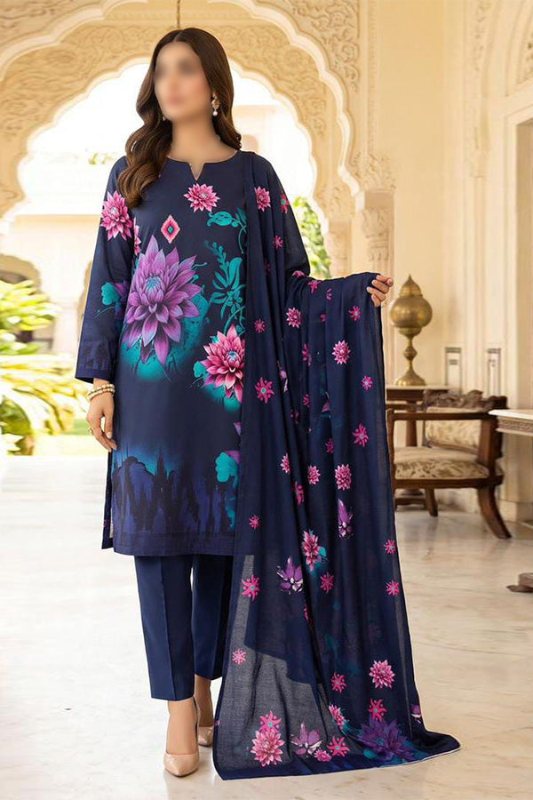 Alkaram 3 piece unstitched printed linen suit with digital printed Slub Linen shirt, dupatta and dyed trouser