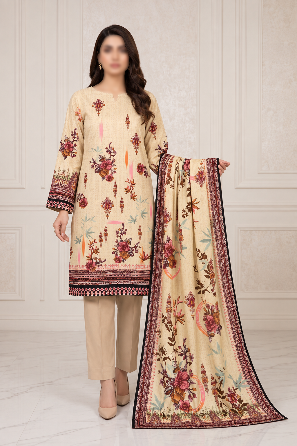 SAPPHIRE Dastoor-010 3 piece unstitched Karandi suit with printed shirt and dupatta