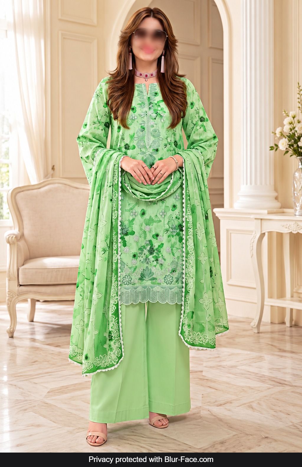 KHAADI 3 Piece Embroidered Viscose Suit for Women with Crinkle Digital Print Dupatta
