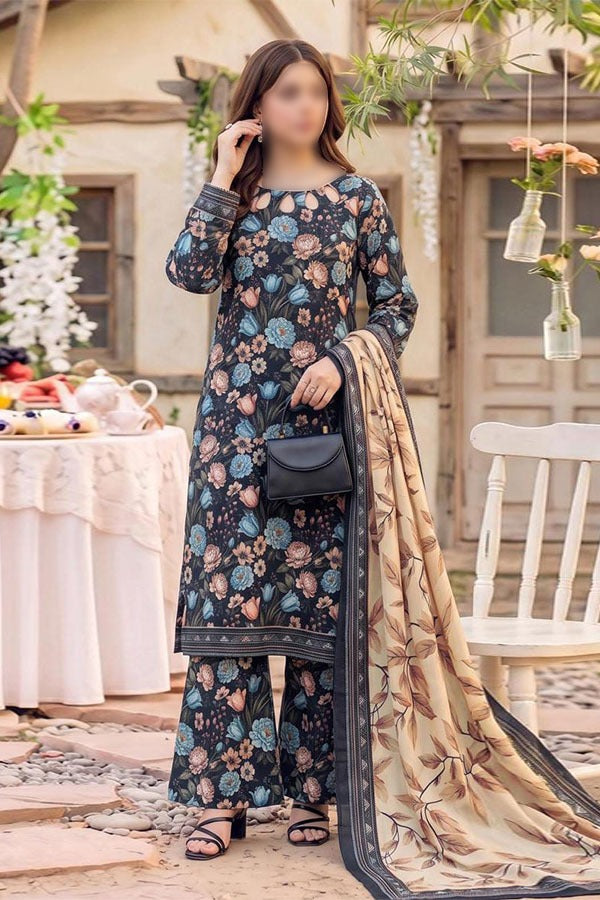Safina 3 piece unstitched digital printed viscose suit with floral shirt dupatta and trouser