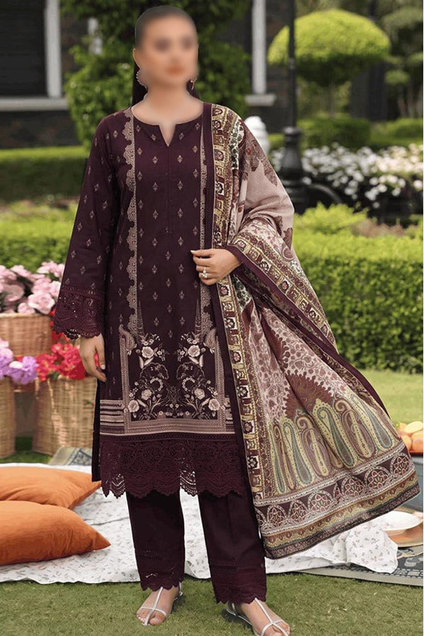 Malhaar Naznin 3 Piece Unstitched Linen Digital Print Suit with Printed Shirt Dupatta and Dyed Trouser