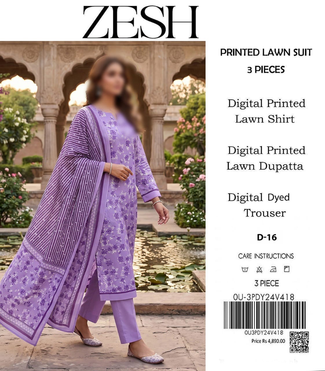 ZESH Unstitched Printed Lawn 3pc Suit