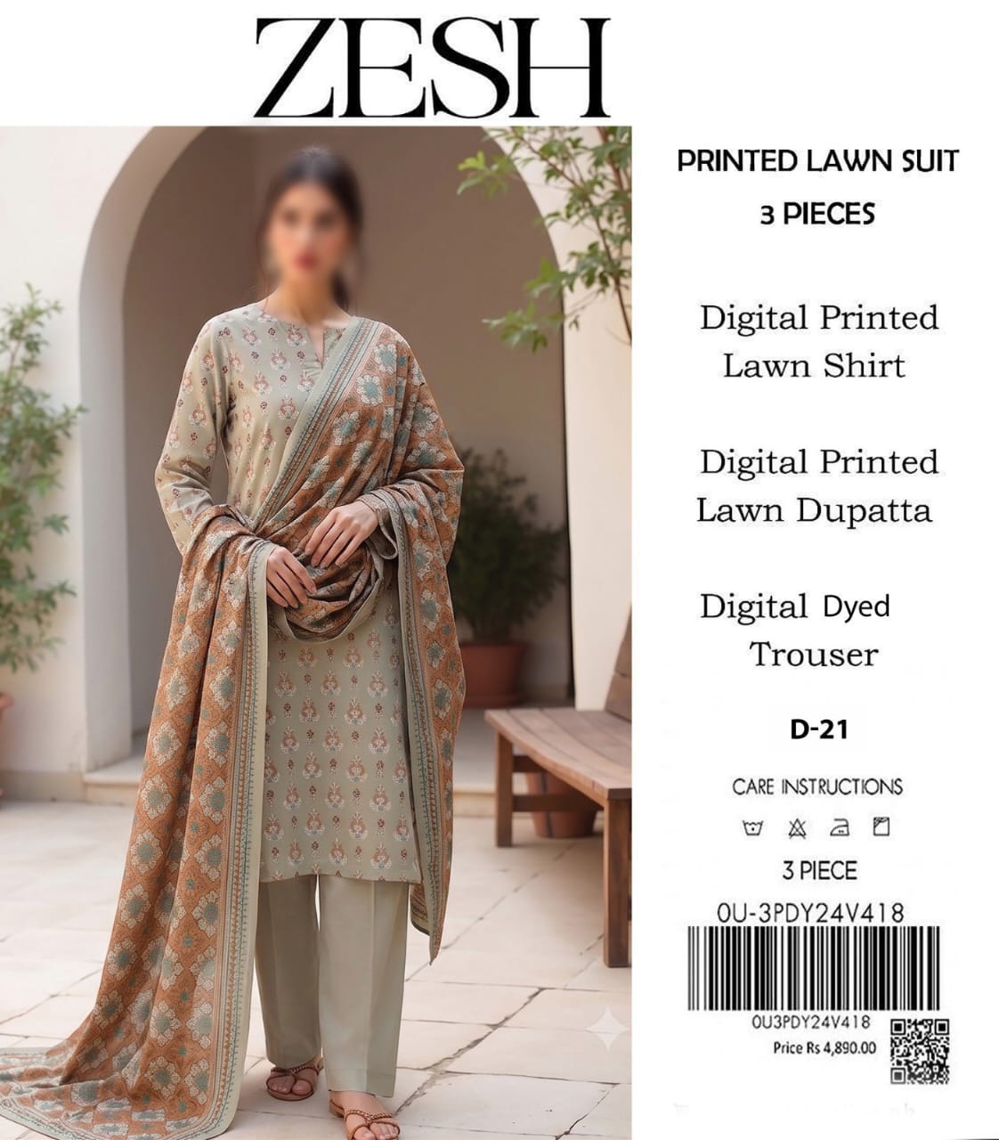 ZESH Unstitched Printed Lawn 3pc Suit
