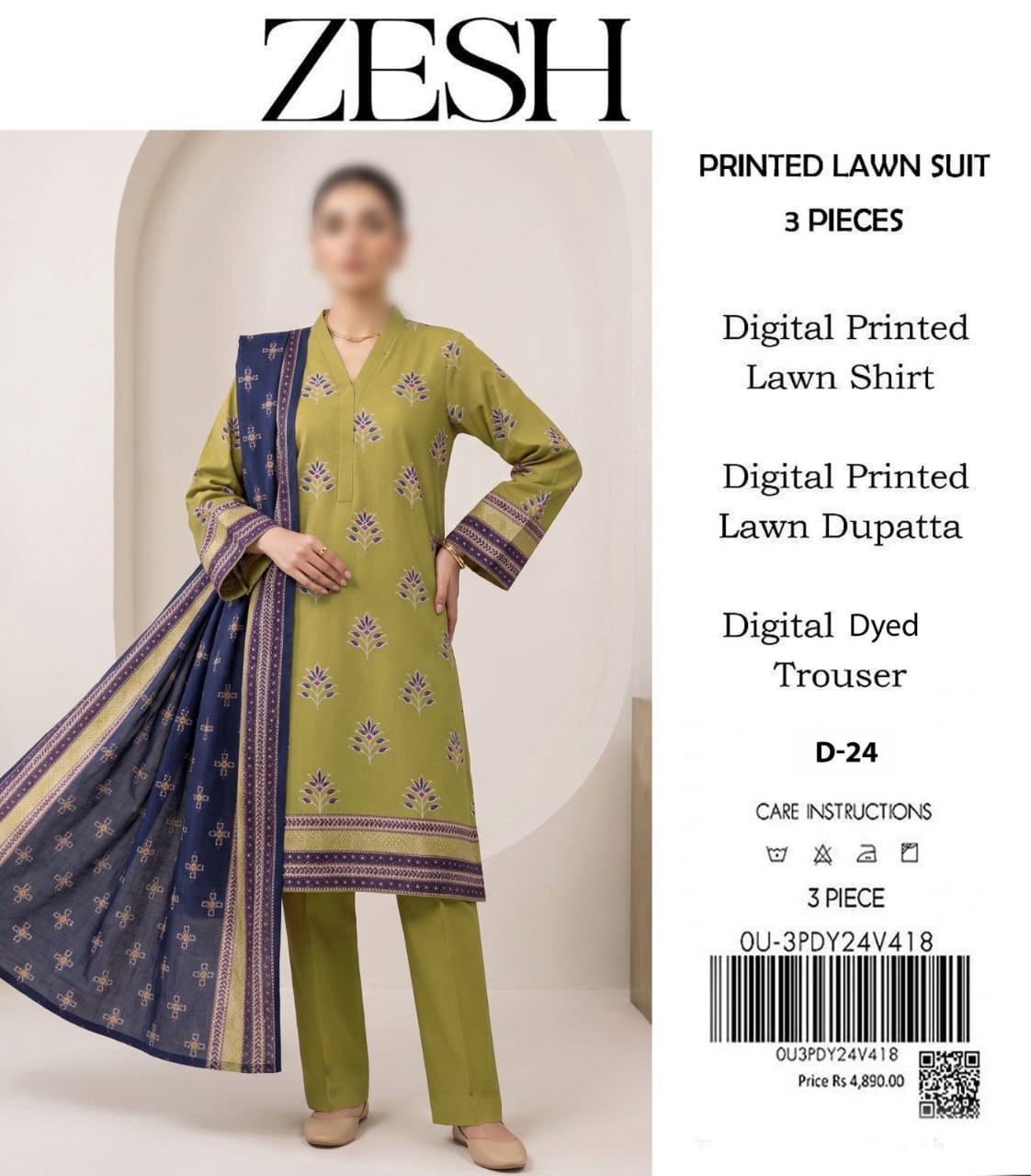 ZESH Unstitched Printed Lawn 3pc Suit