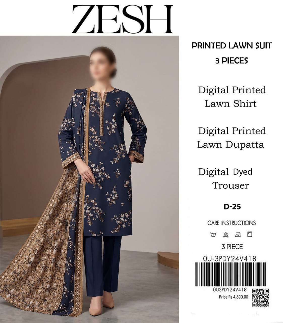ZESH Unstitched Printed Lawn 3pc Suit