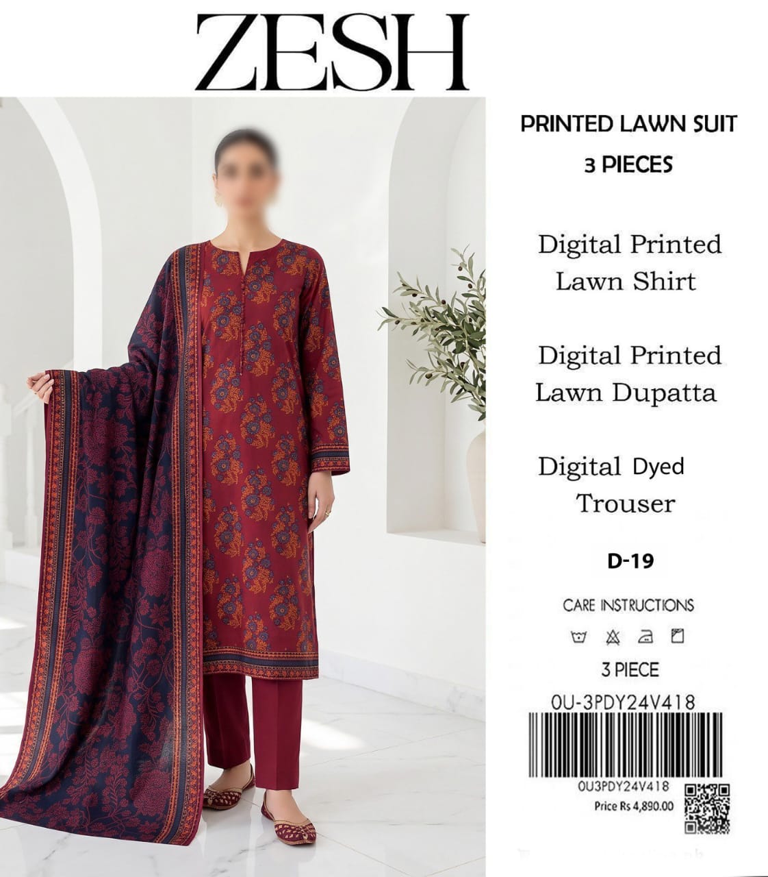 ZESH Unstitched Printed Lawn 3pc Suit