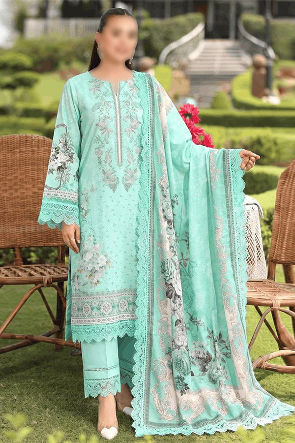 Malhaar Naznin 3 Piece Unstitched Linen Digital Print Suit with Printed Shirt Dupatta and Dyed Trouser