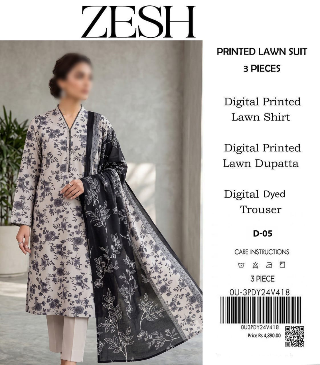 ZESH Unstitched Printed Lawn 3pc Suit