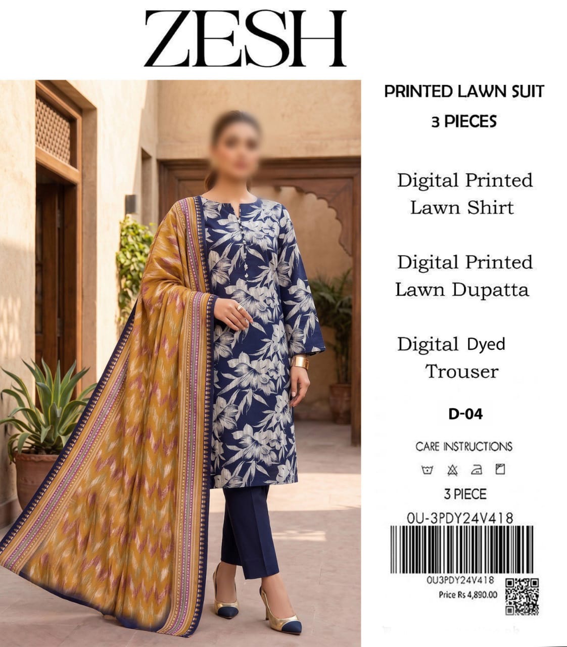 ZESH Unstitched Printed Lawn 3pc Suit