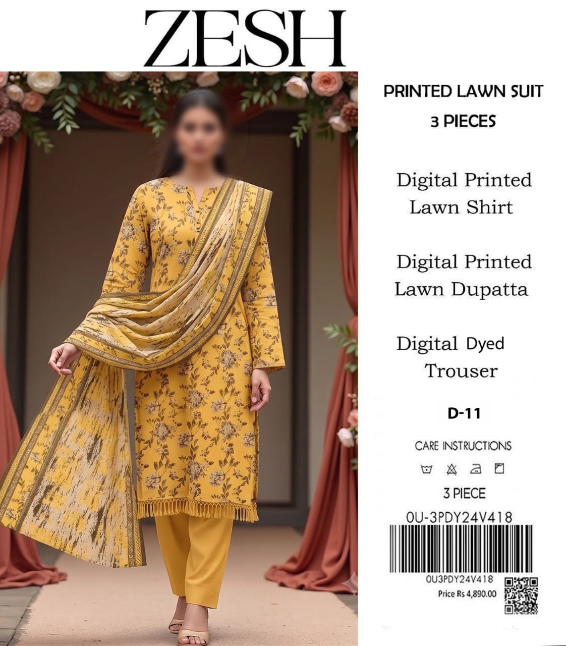 ZESH Unstitched Printed Lawn 3pc Suit
