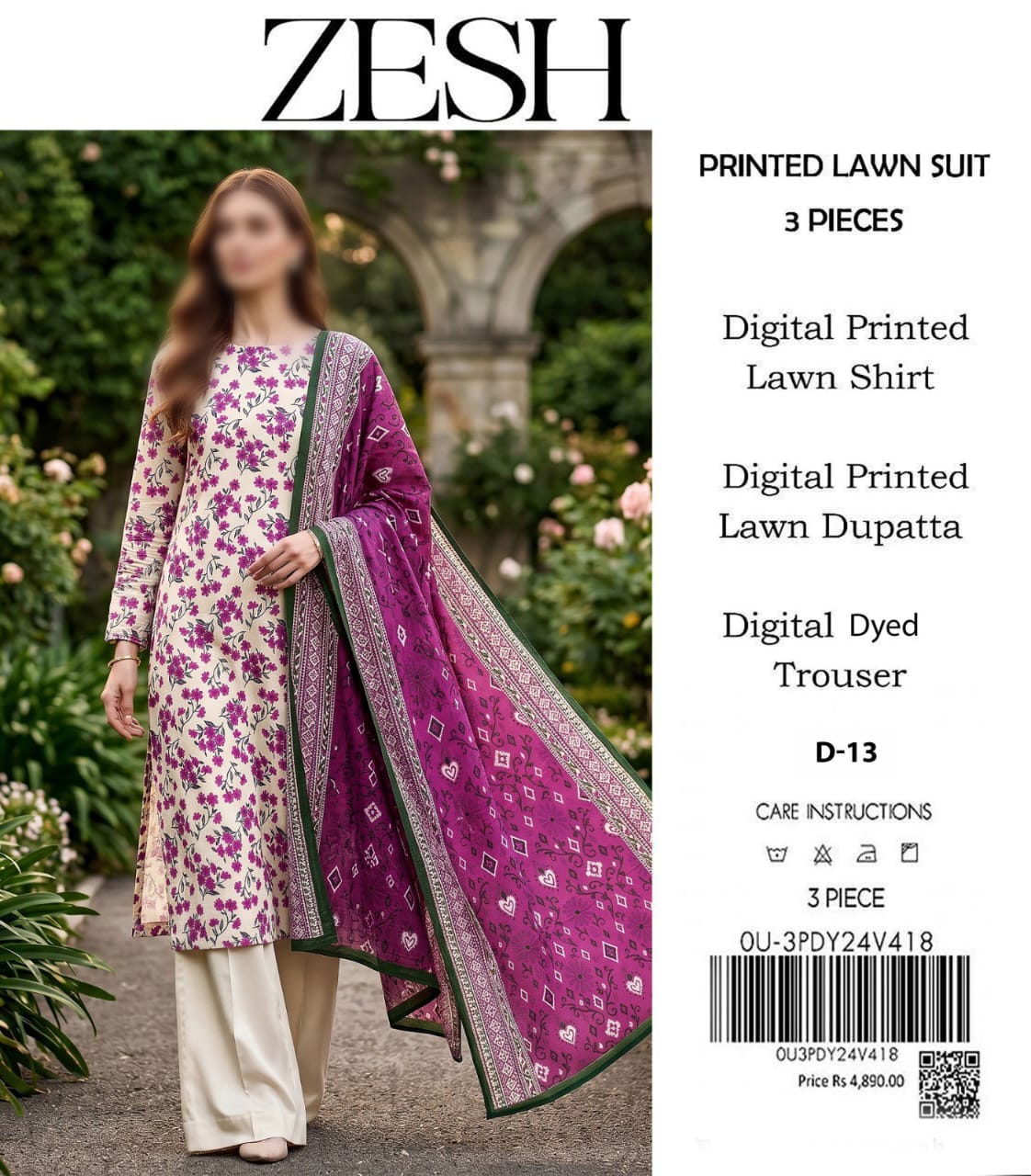 ZESH Unstitched Printed Lawn 3pc Suit