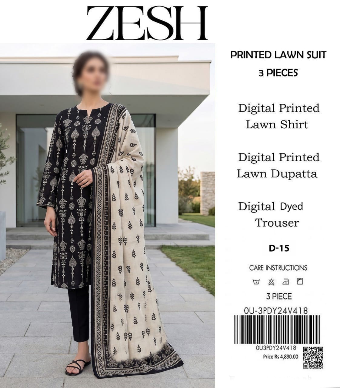 ZESH Unstitched Printed Lawn 3pc Suit