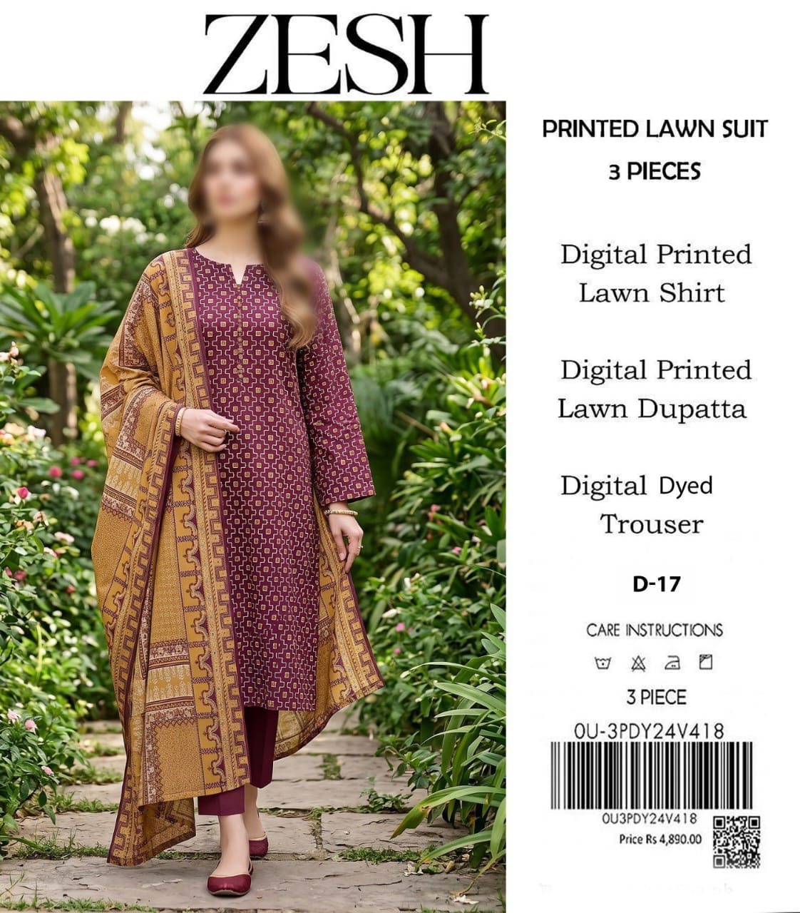 ZESH Unstitched Printed Lawn 3pc Suit