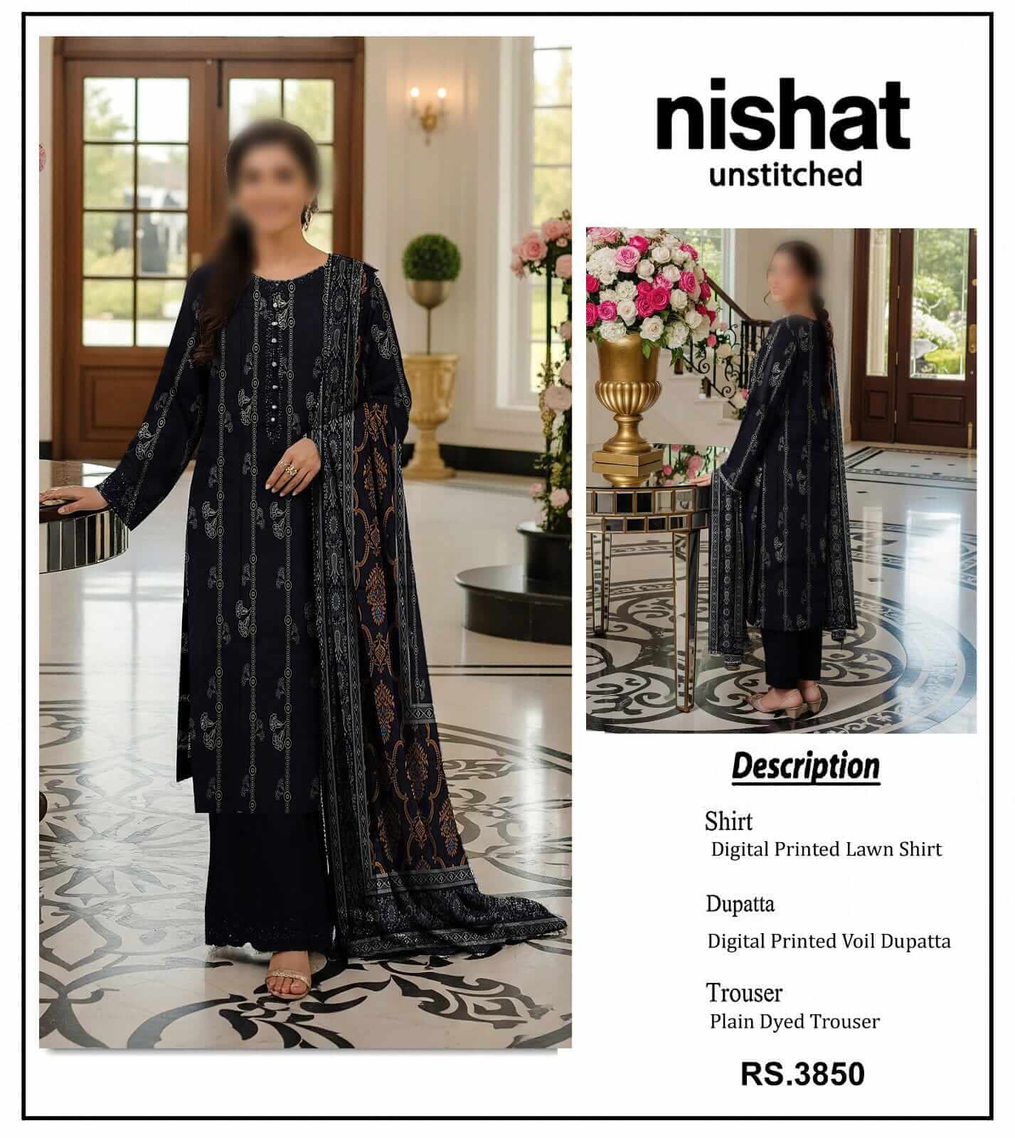 Nishat Unstitched Printed Lawn 3pc Suit