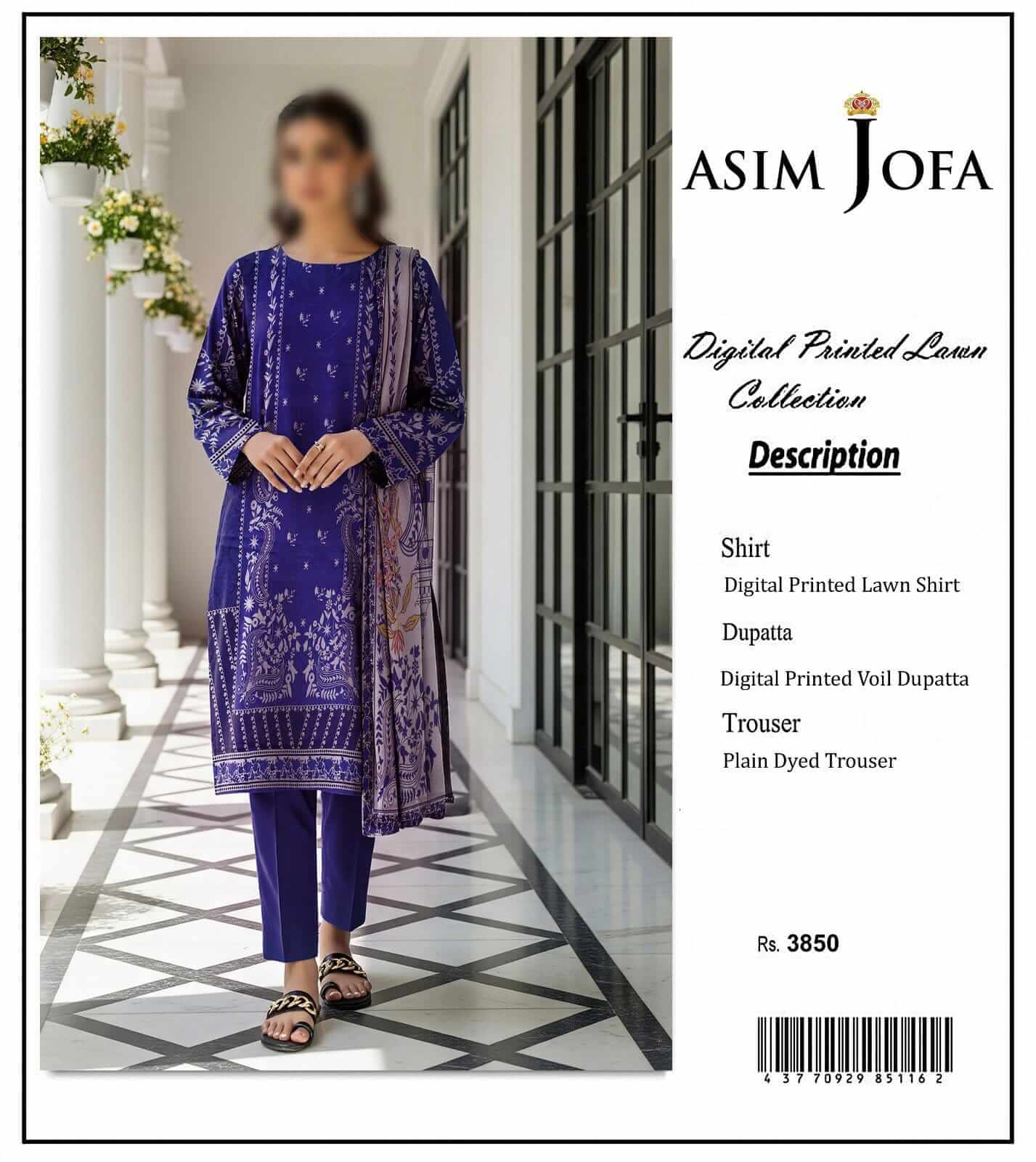 Asim Jofa Unstitched Printed Lawn 3pc Suit