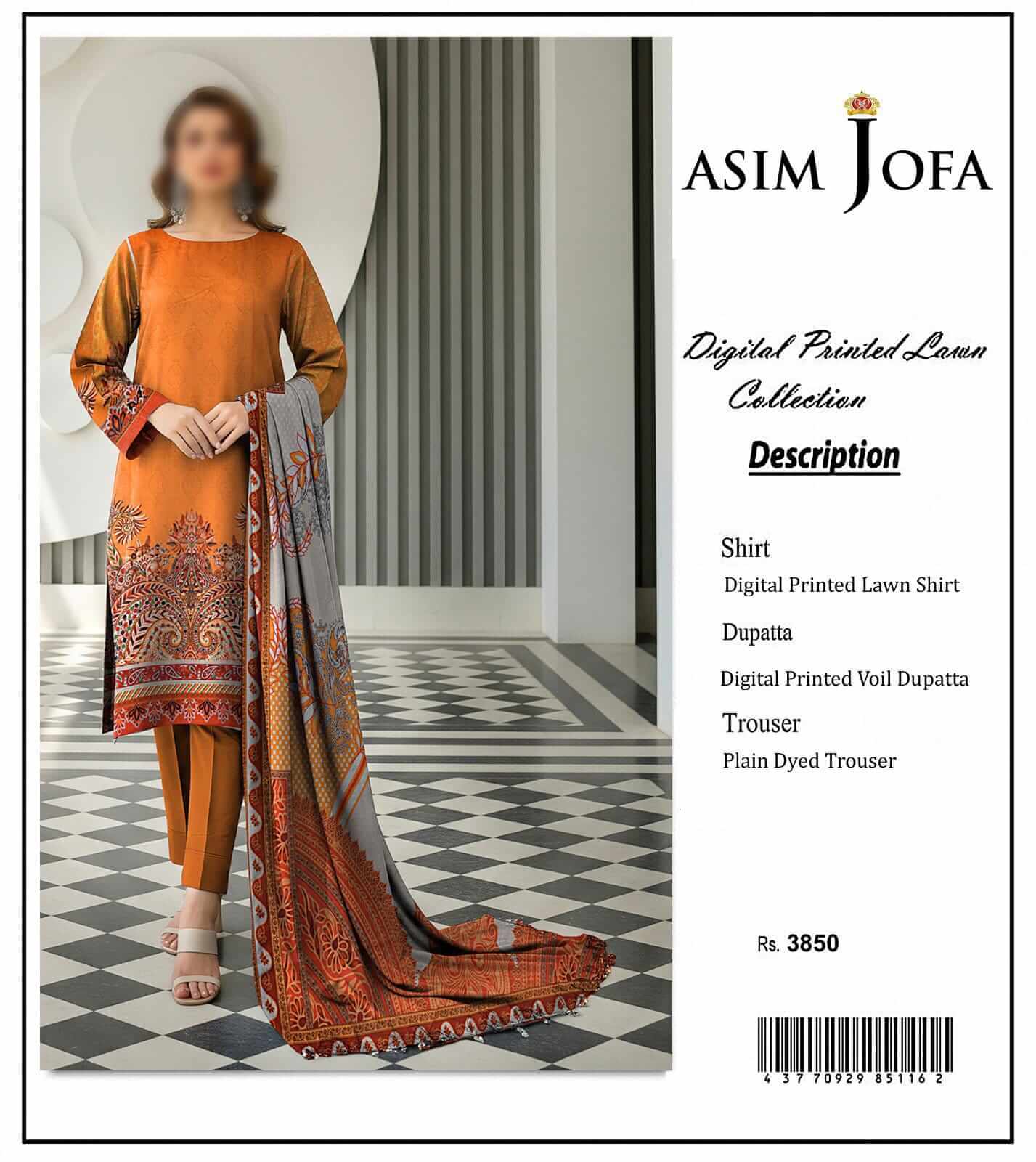 Asim Jofa Unstitched Printed Lawn 3pc Suit