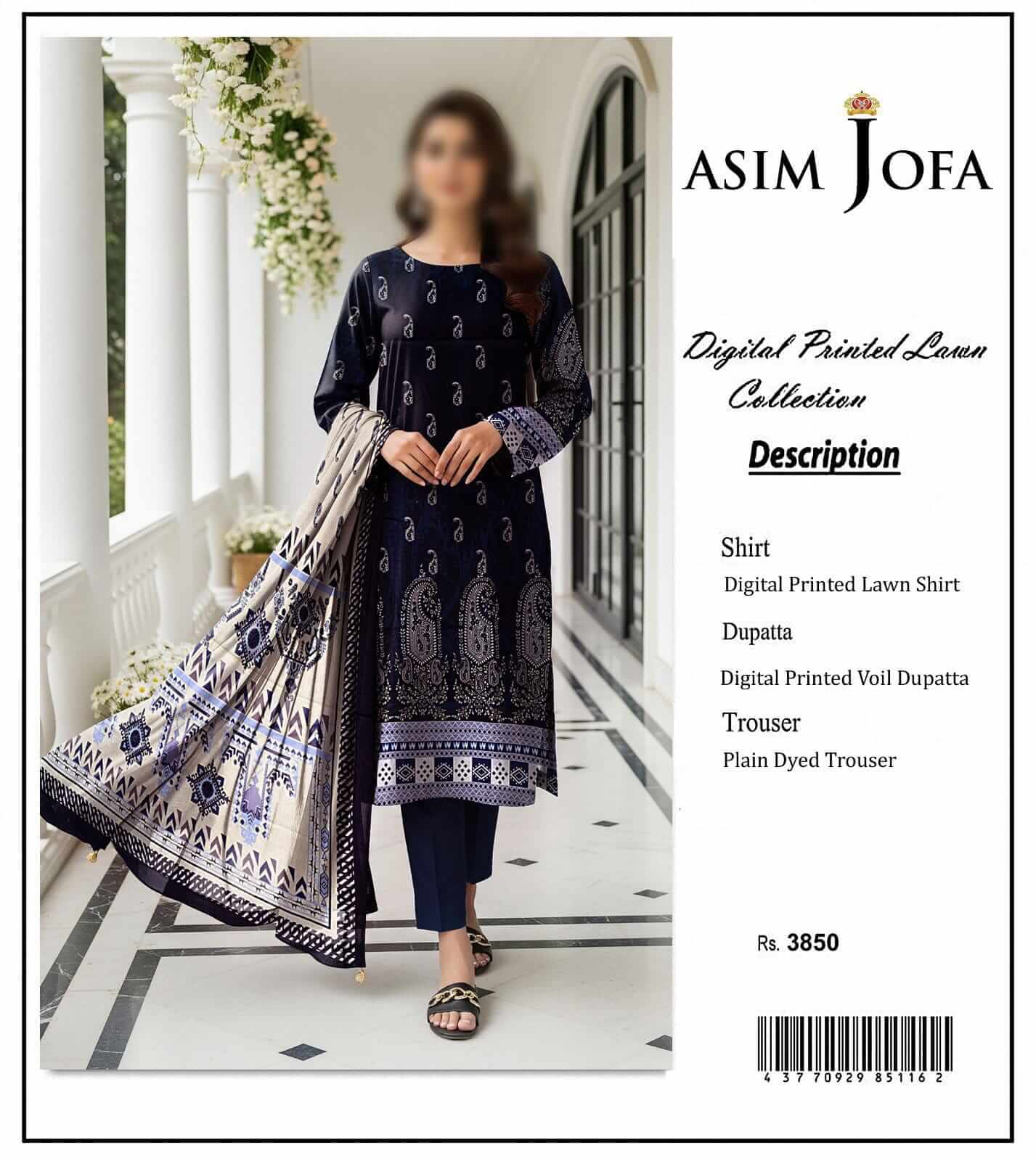 Asim Jofa Unstitched Printed Lawn 3pc Suit