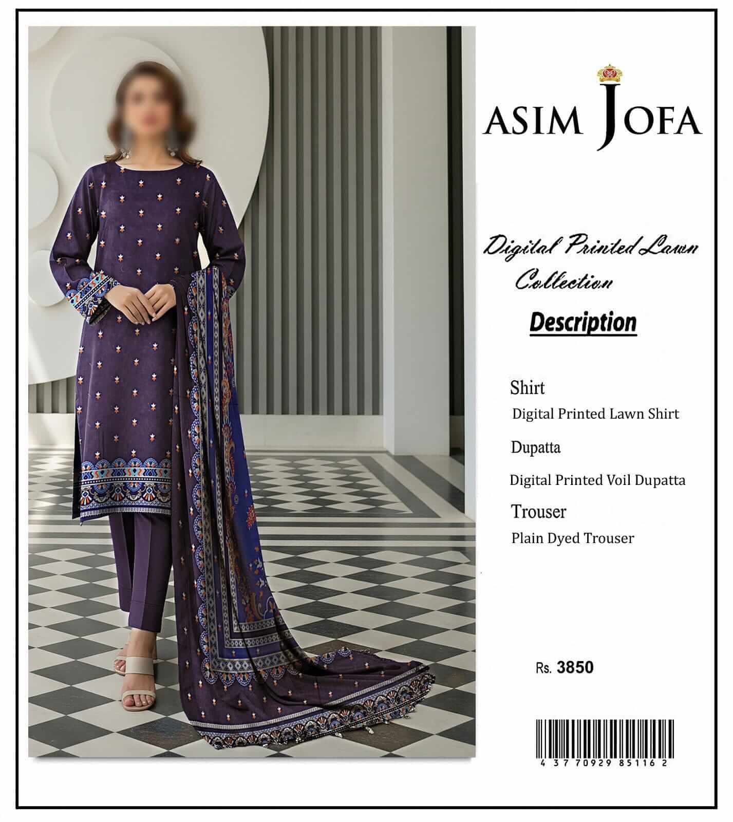 Asim Jofa Unstitched Printed Lawn 3pc Suit