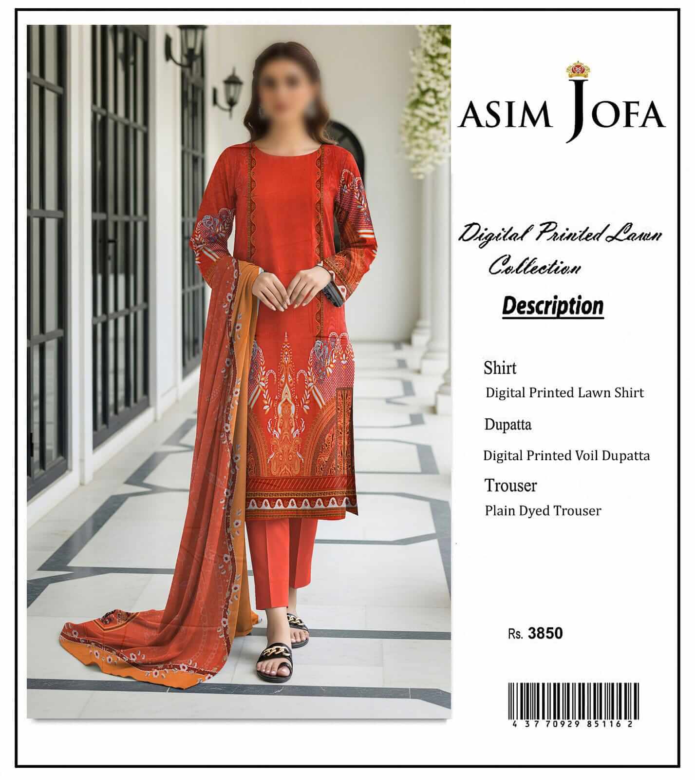 Asim Jofa Unstitched Printed Lawn 3pc Suit