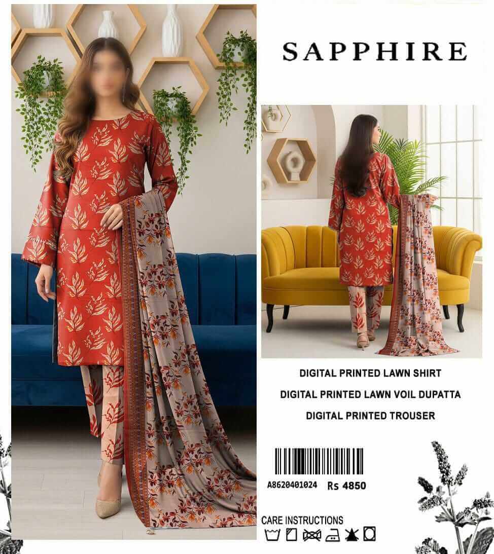 Sapphire Unstitched Printed Lawn 3pc Suit