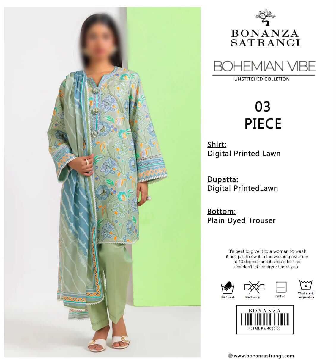 Bonanza Satrangi Unstitched Printed Lawn 3pc Suit