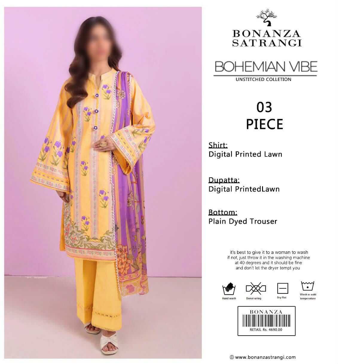 Bonanza Satrangi Unstitched Printed Lawn 3pc Suit