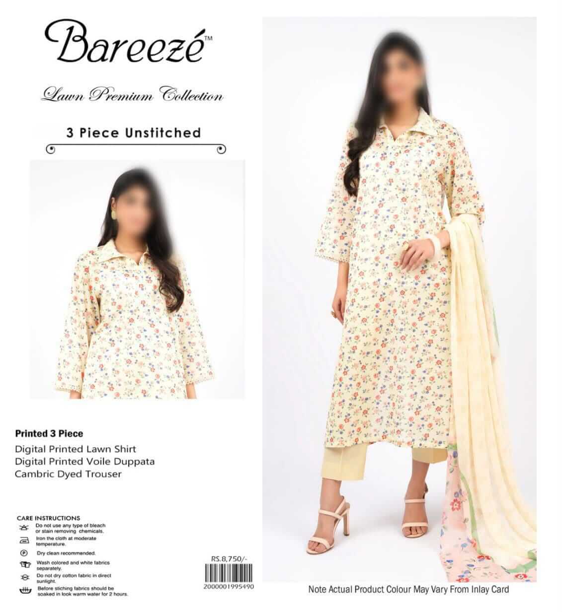 Bareeze Unstitched Printed Lawn 3pc Suit