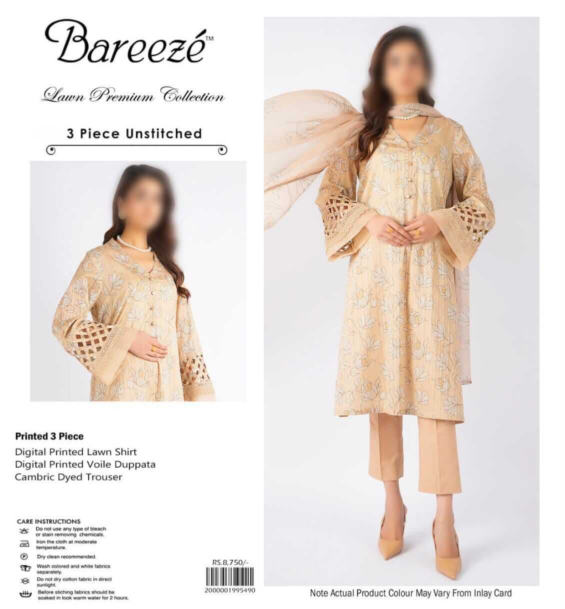 Bareeze Unstitched Printed Lawn 3pc Suit