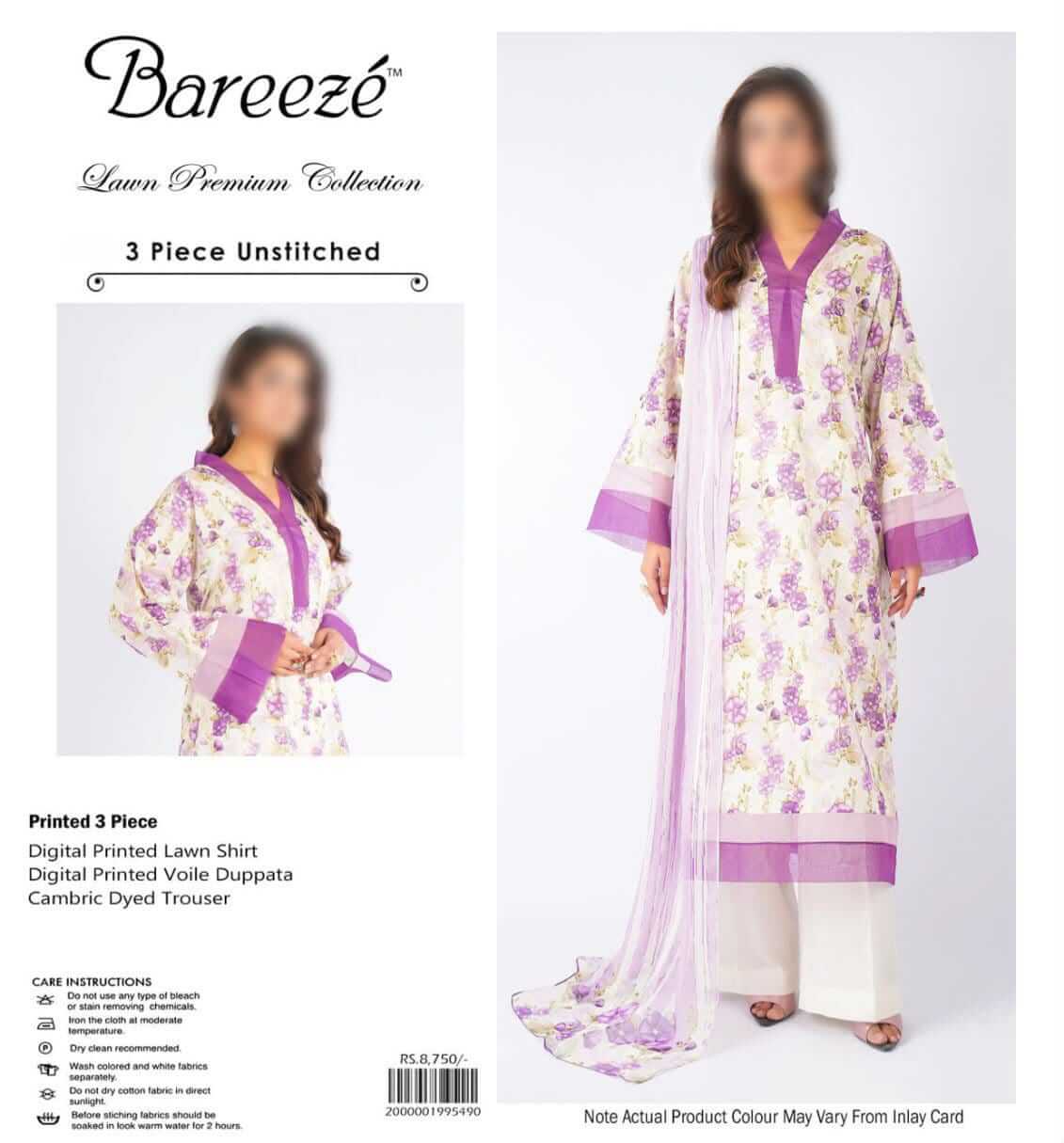 Bareeze Unstitched Printed Lawn 3pc Suit