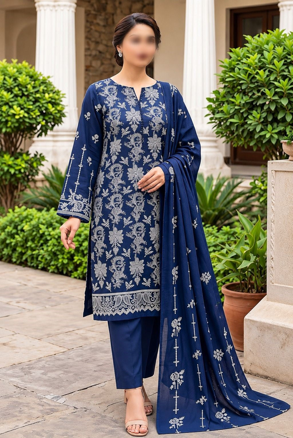 Bareezé Dhanak Slub embroidered 3 piece unstitched suit with dupatta and trouser