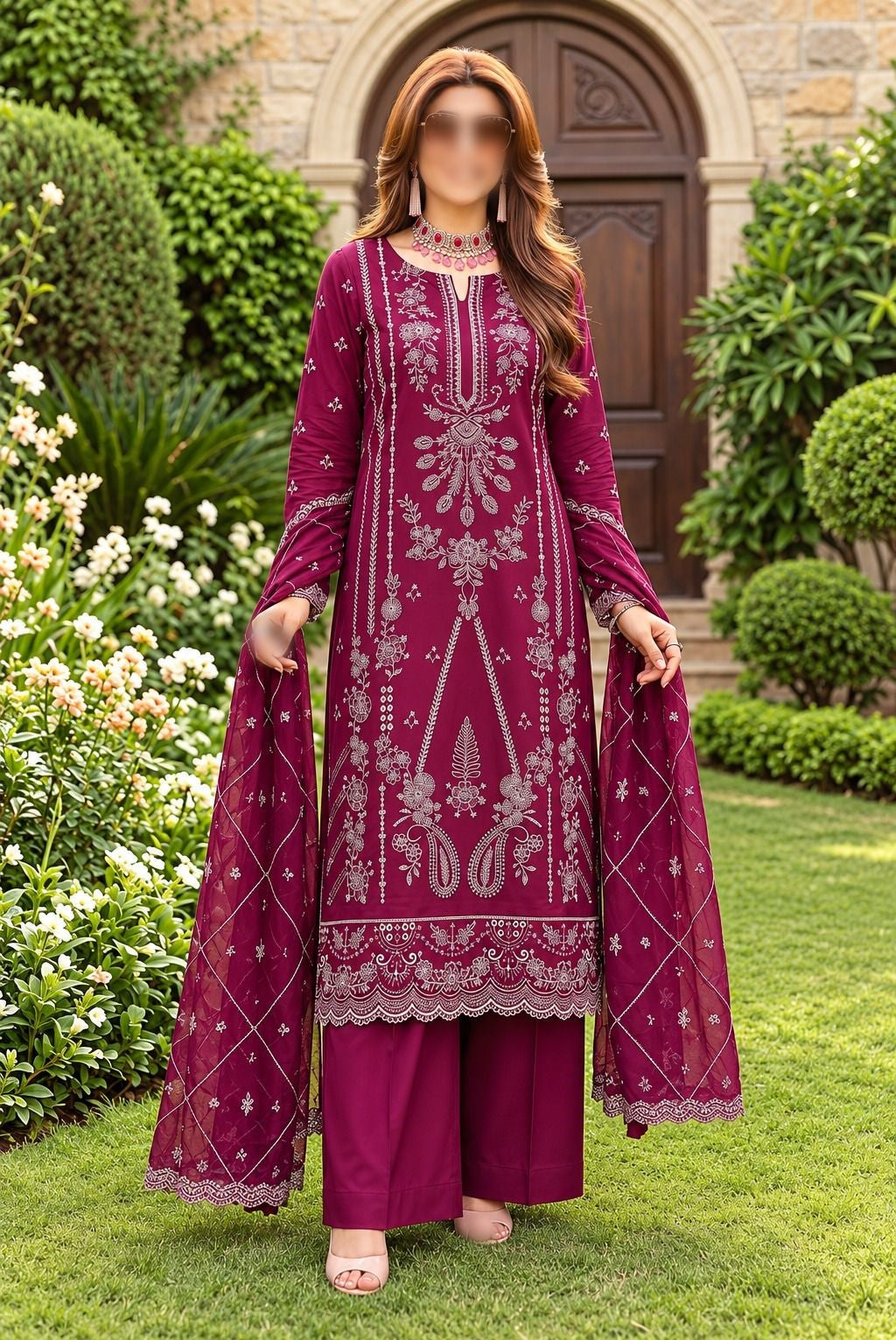 Ethnic Vol-64 embroidered viscose slub dora unstitched 3 piece suit with cutwork dupatta
