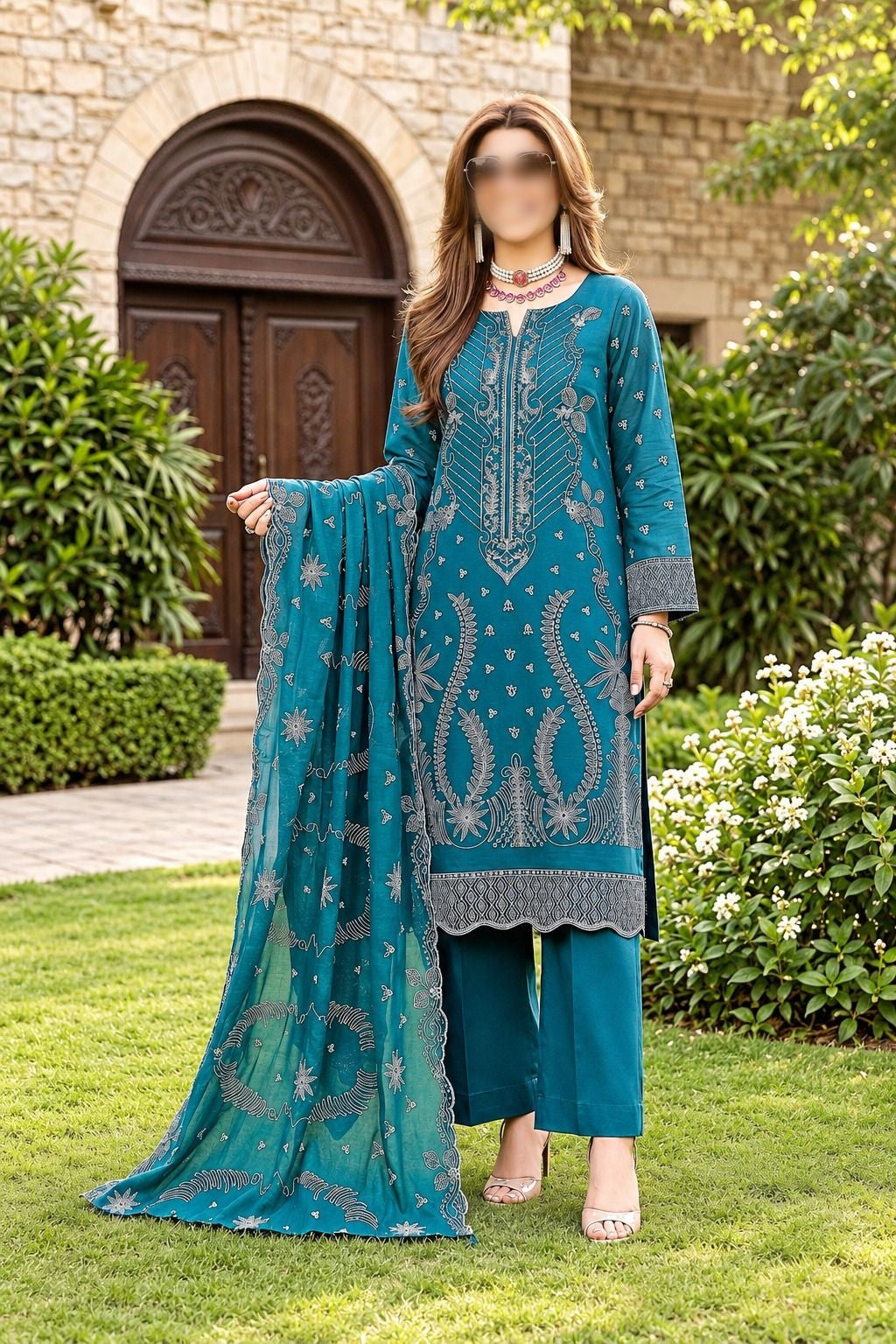 Ethnic Vol-64 embroidered viscose slub dora unstitched 3 piece suit with cutwork dupatta