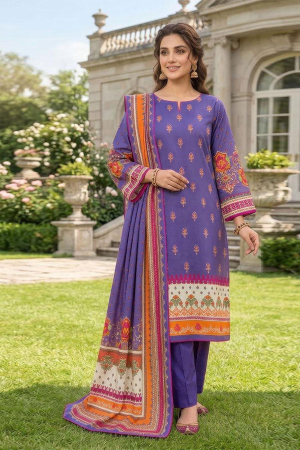 Gul Ahmed 3 piece unstitched printed linen suit with purple shirt, printed dupatta and dyed trouser