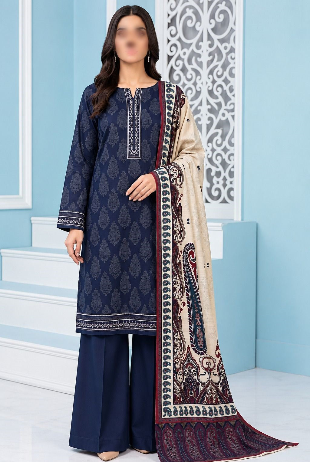 KHAADI 3 Piece Printed Khaddar Suit for Women with Khaddar Dupatta
