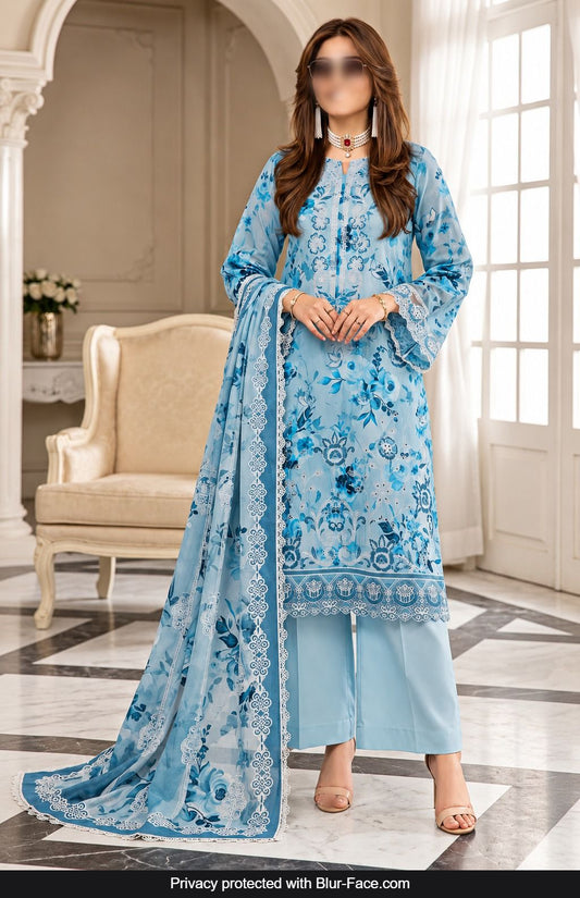 KHAADI 3 Piece Embroidered Viscose Suit for Women with Crinkle Digital Print Dupatta