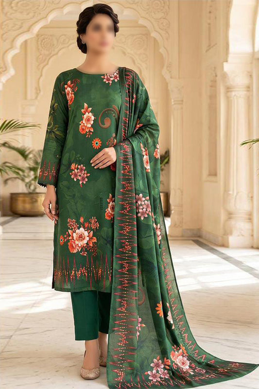 Alkaram 3 piece unstitched printed linen suit with digital printed Slub Linen shirt, dupatta and dyed trouser
