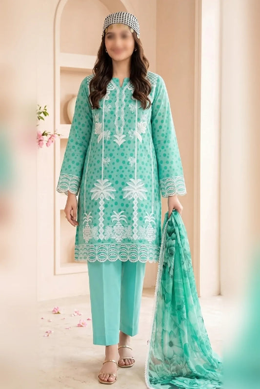Gul Ahmed embroidered printed unstitched 3 piece suit with bamber dupatta and comfort dyed trouser
