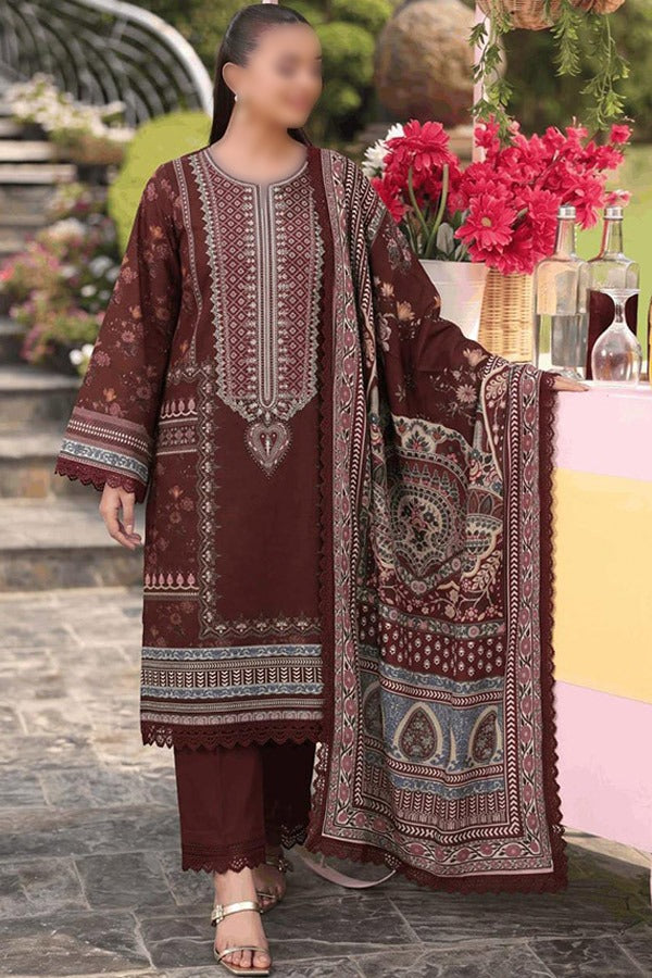 Malhaar Naznin 3 Piece Unstitched Linen Digital Print Suit with Printed Shirt Dupatta and Dyed Trouser