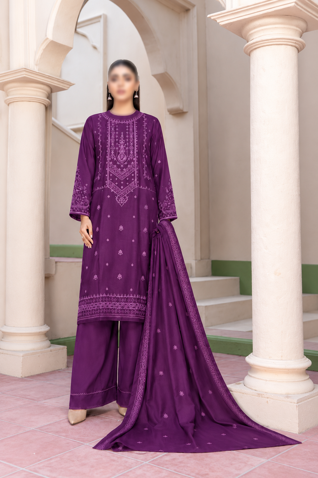 Shanaya 3 Piece Embroidered Peach Dhanak Suit Noor E Nazar Textile