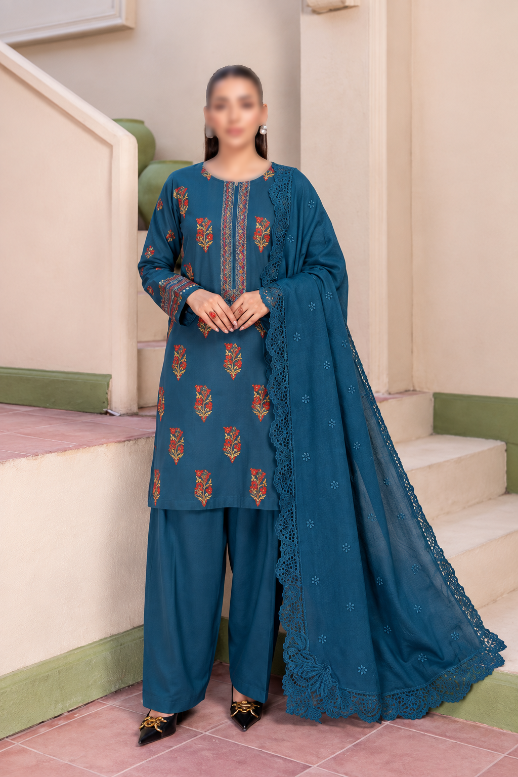 Shanaya 3 Piece Embroidered Peach Dhanak Suit with Embroidered Shirt and Dupatta