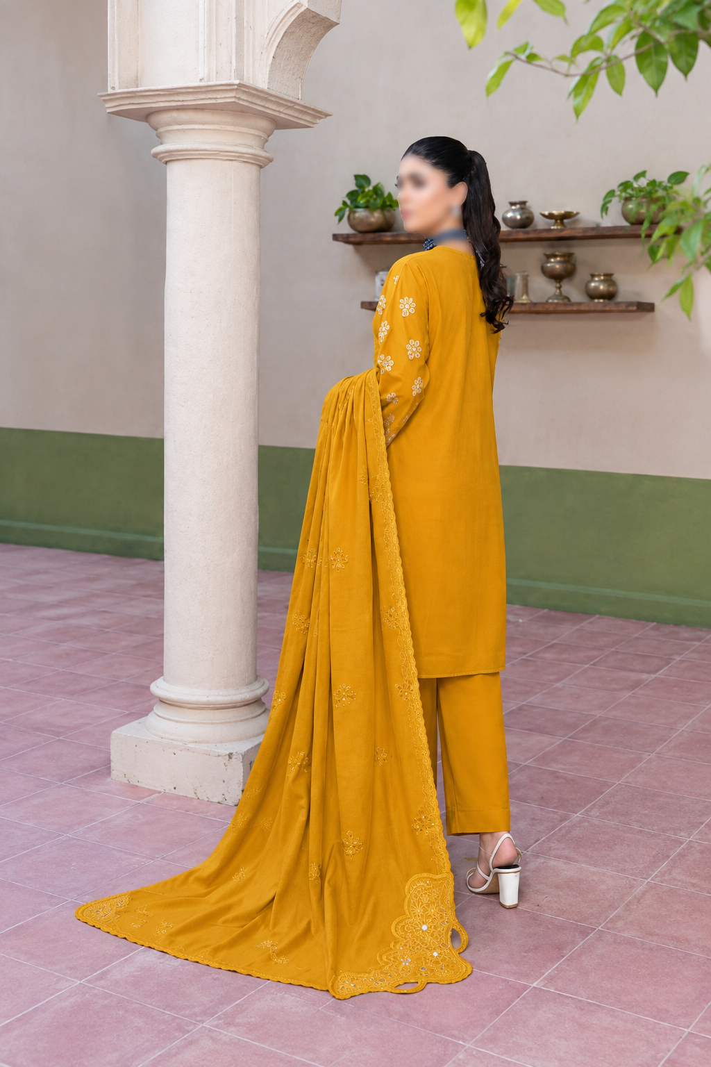 Shanaya 3 Piece Embroidered Peach Dhanak Suit with Embroidered Shirt and Dupatta