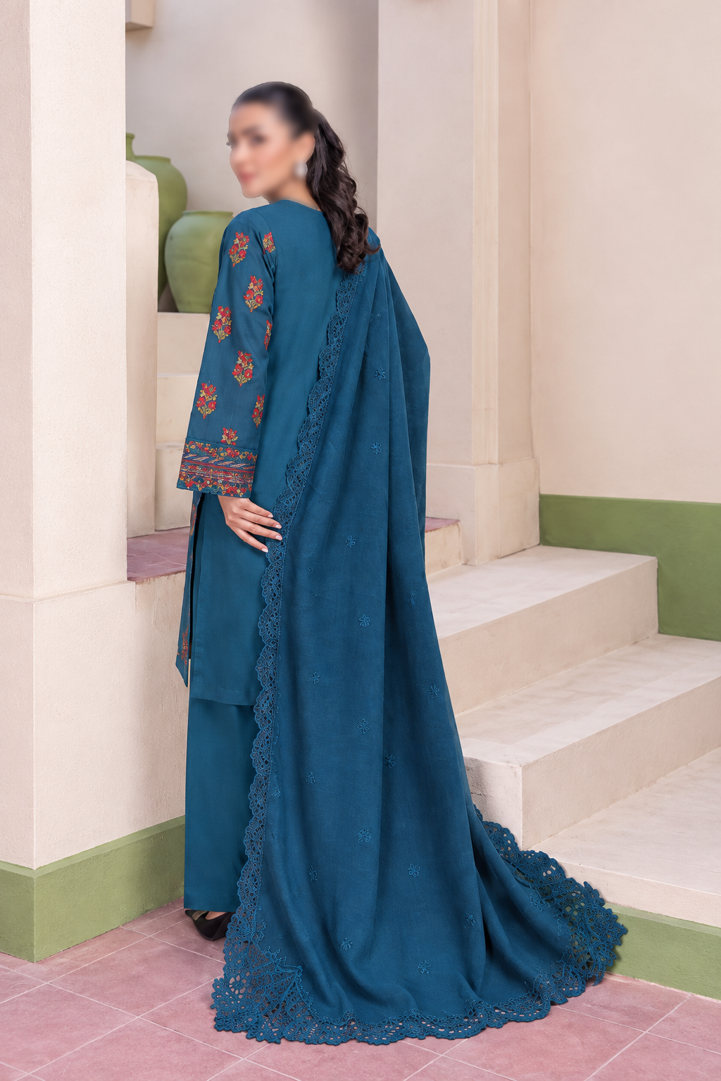 Shanaya 3 Piece Embroidered Peach Dhanak Suit with Embroidered Shirt and Dupatta