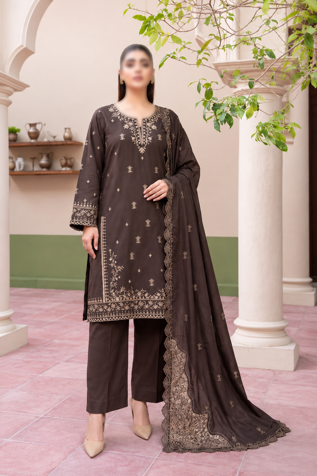 Shanaya 3 Piece Embroidered Peach Dhanak Suit with Embroidered Shirt and Dupatta